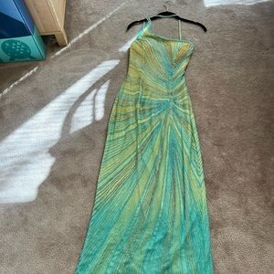 UEC! Blue, yellow and green beaded one-shoulder evening gown.